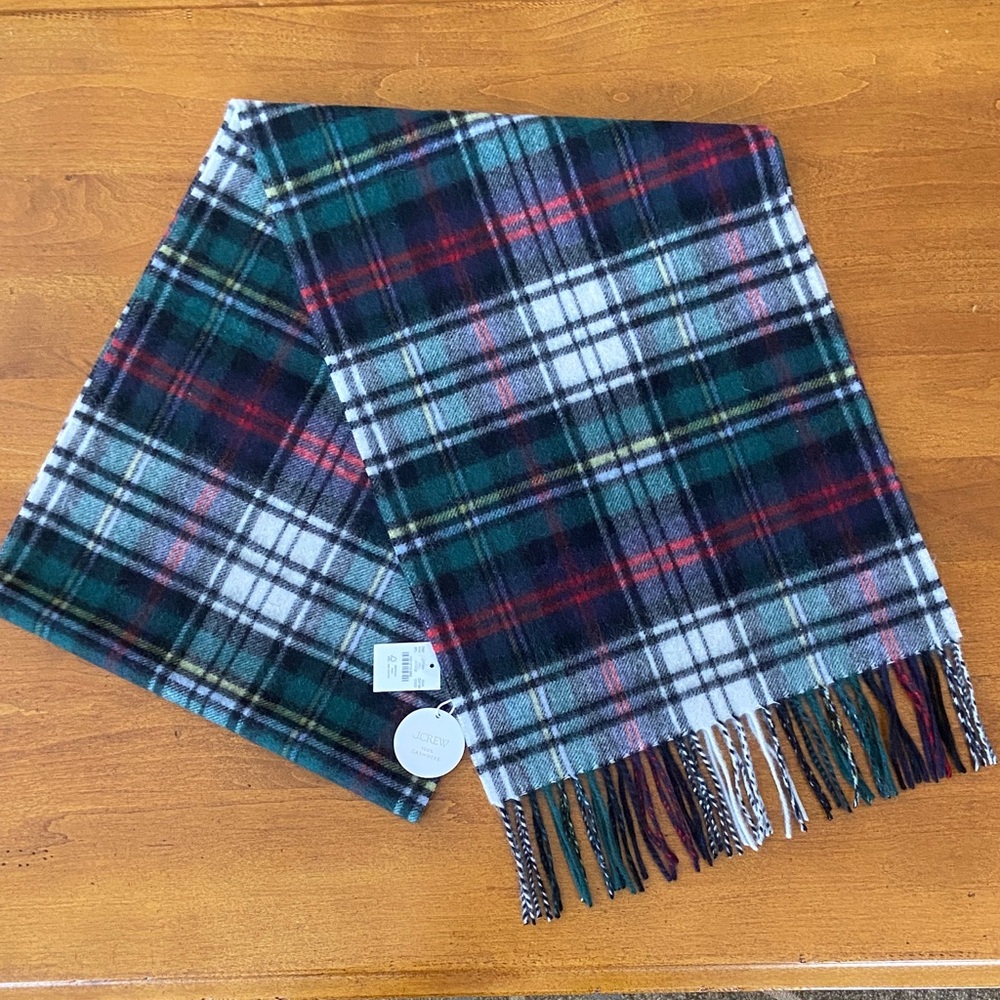 J. Crew Plaid Cashmere Scarf, Navy/Green/Red/White, NWT